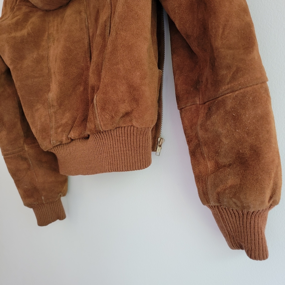 Vintage Shepler's Brown Suede Soft Shearling Lined Bomber Jacket 12* Small  Hood - Picture 12 of 16
